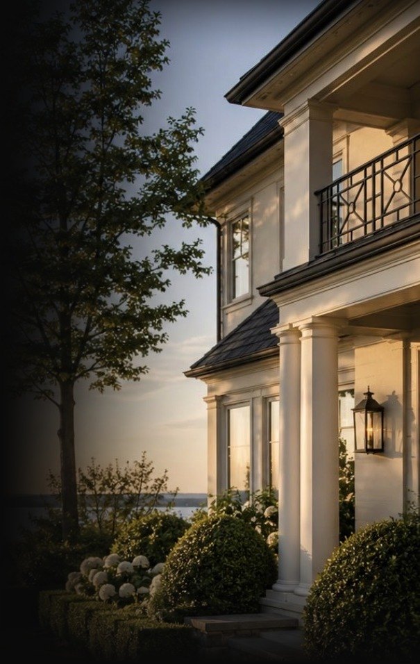 Classic estate exterior with columns and lantern at dusk