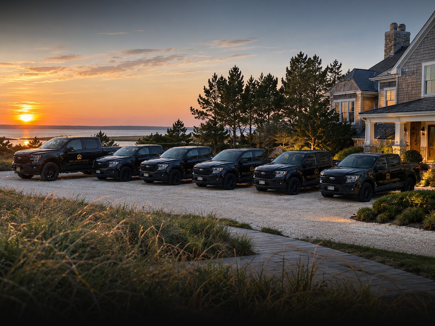 Fleet of branded black Gruen Group trucks in an estate driveway at sunset