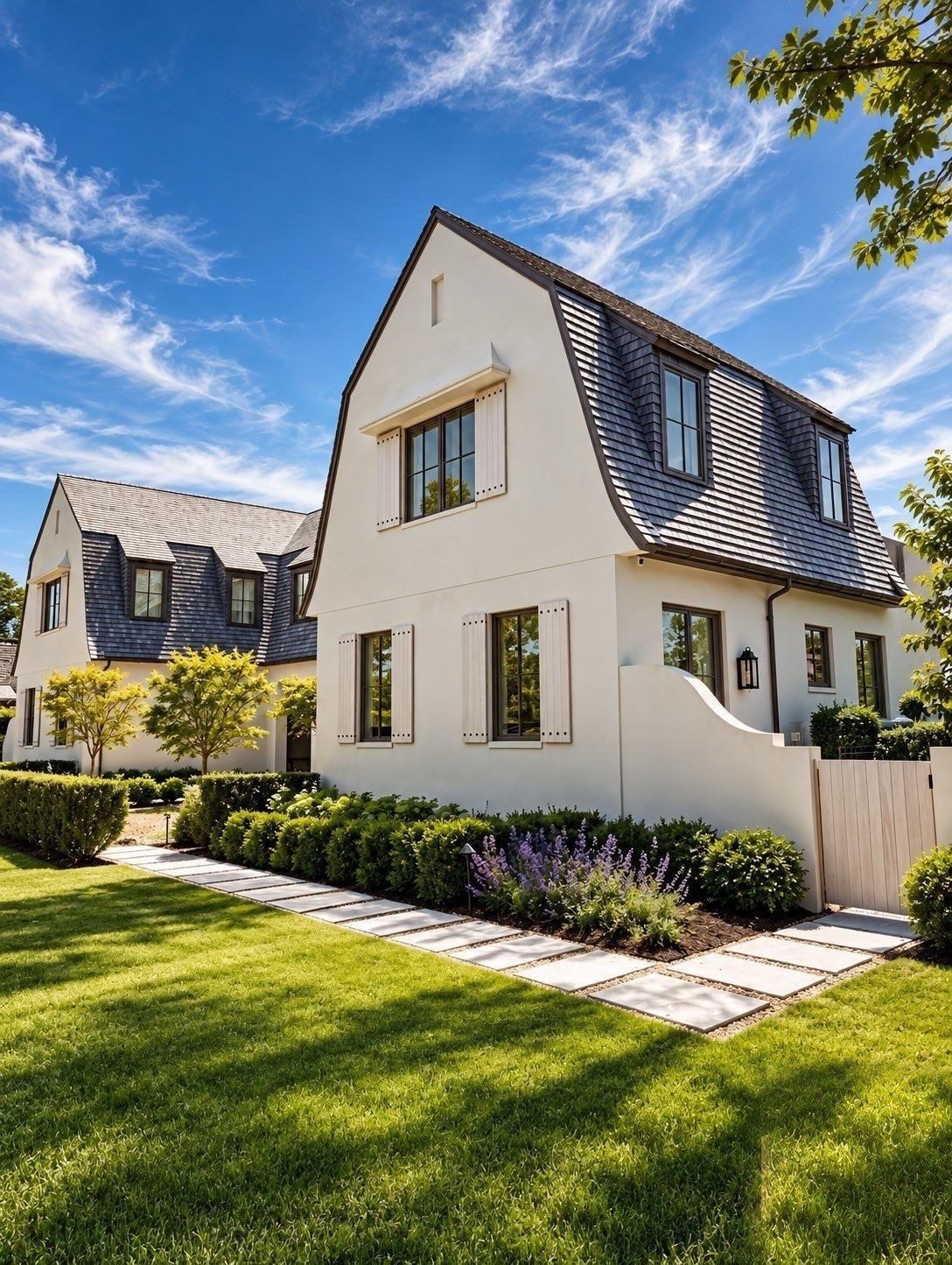 White stucco home with slate gambrel roof and landscaped walkway