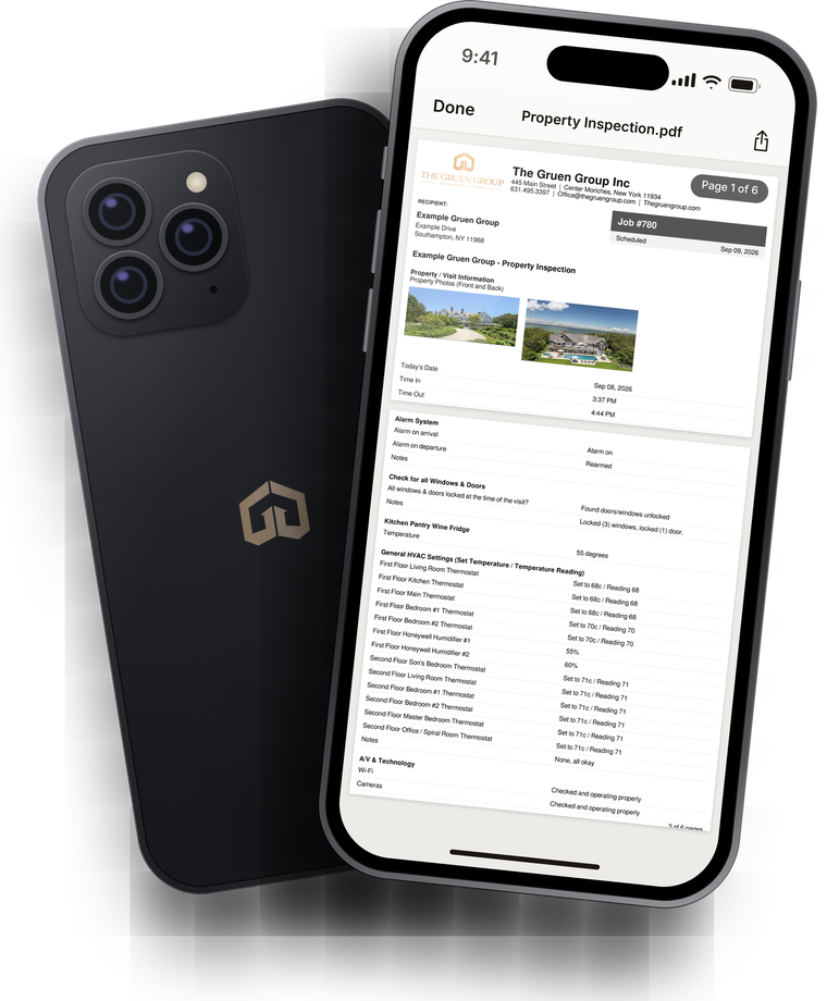 Branded phone displaying a Gruen Group property inspection report